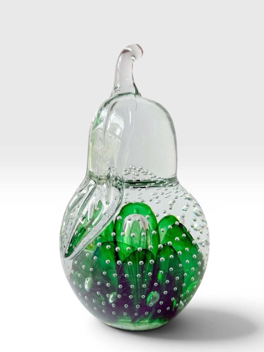 St. Clair Art Glass Controlled Bubbles Green Pear Paperweight Art Object